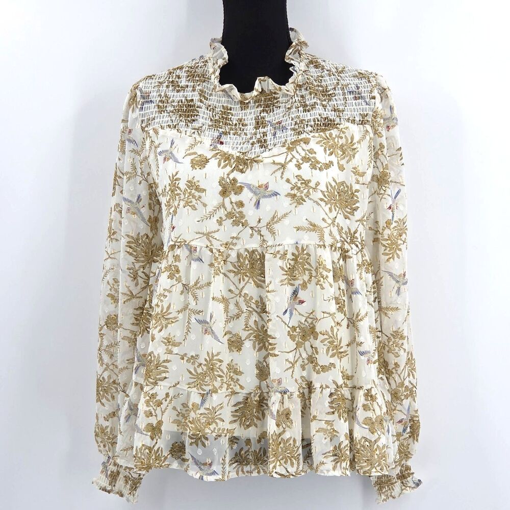 Greige Tiered Babydoll Blouse Top Womens Medium Bird Print Ivory Boho Smocked